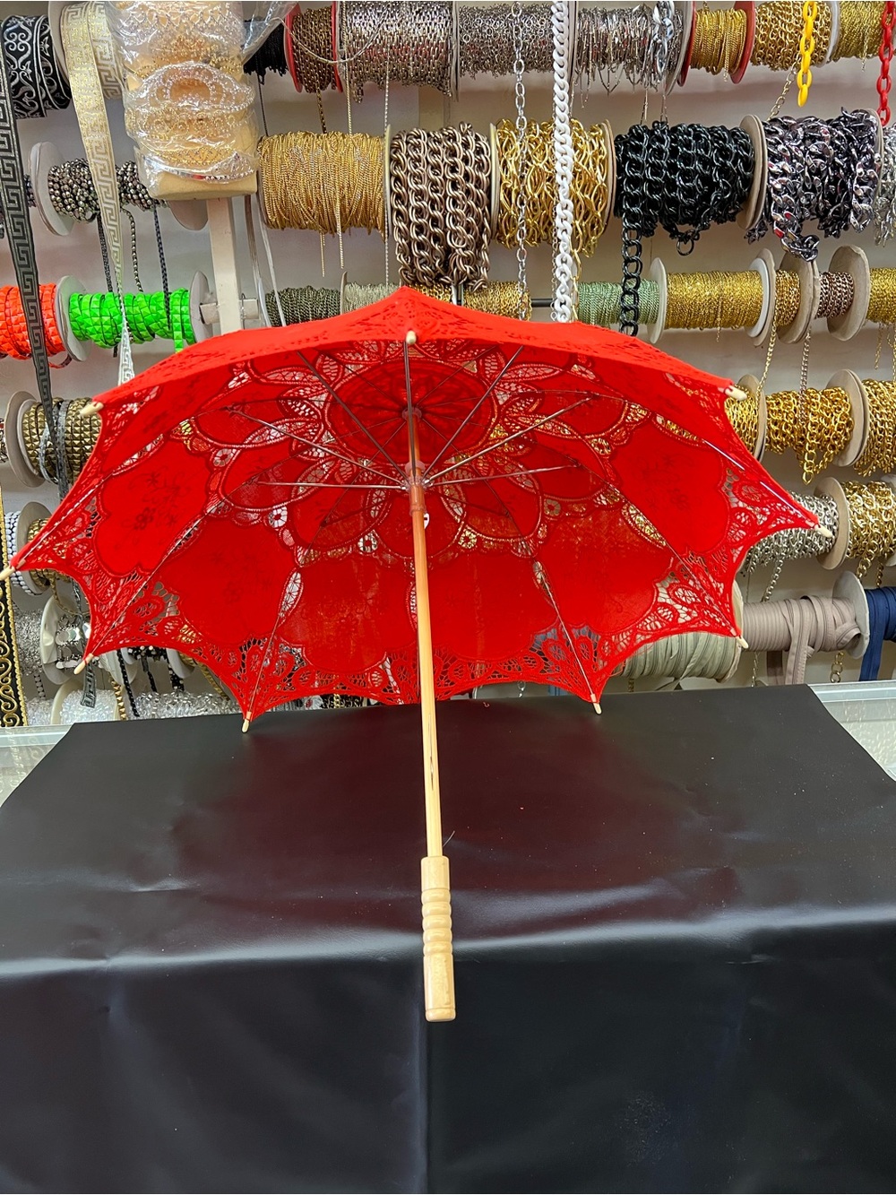 Red Lace Parasol Umbrella - Picture 2 of 2